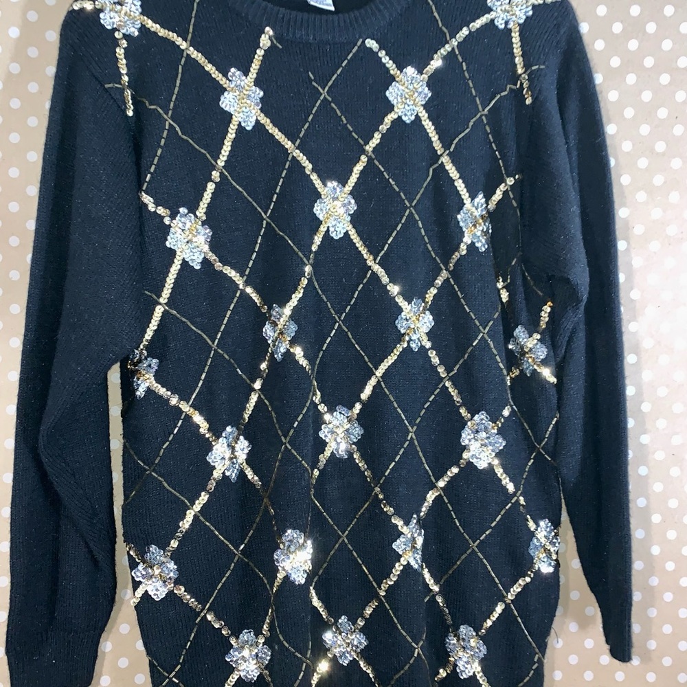 Black Alfred Dunner sweater with silver and gold sequins
